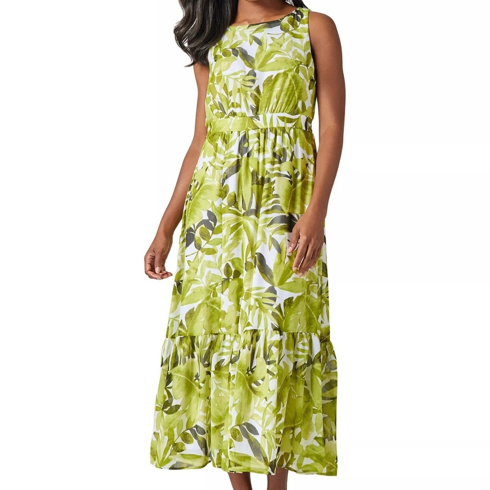 Kasper Palm Print Sleeveless Midi‎ Leaf A Line Scoop Neck Dress Womens Size 10P